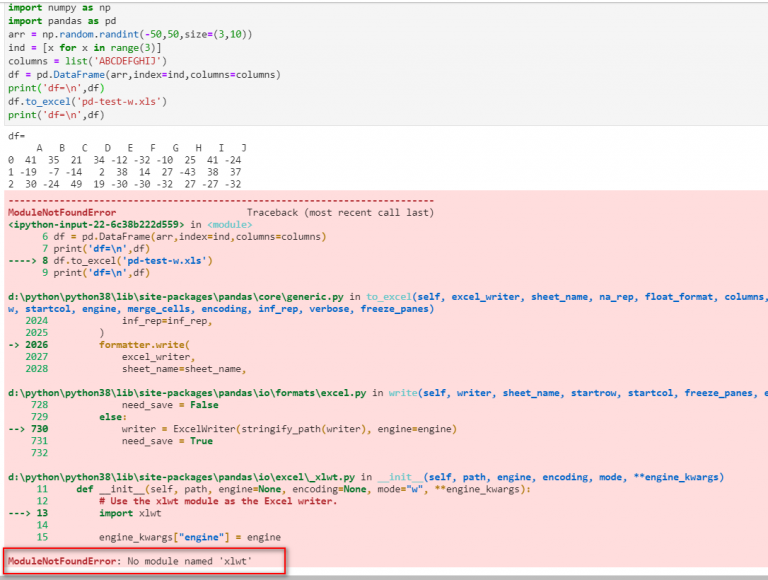 python-pandas-to-excel-xls-modulenotfounderror-no-module-named-xlwt-code